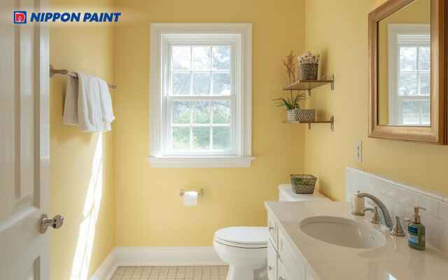 Vàng be pha kem giúp không gian phòng tắm hài hòa và nhẹ nhàng cho thị giác