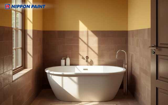 Nâu gỗ pha vàng nhạt giúp phòng tắm vừa ấm cúng vừa sạch sẽ, hợp phong thủy