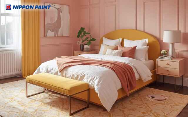 Vàng sữa kết hợp hồng phấn làm không gian phòng ngủ thêm ấm cúng và hài hòa