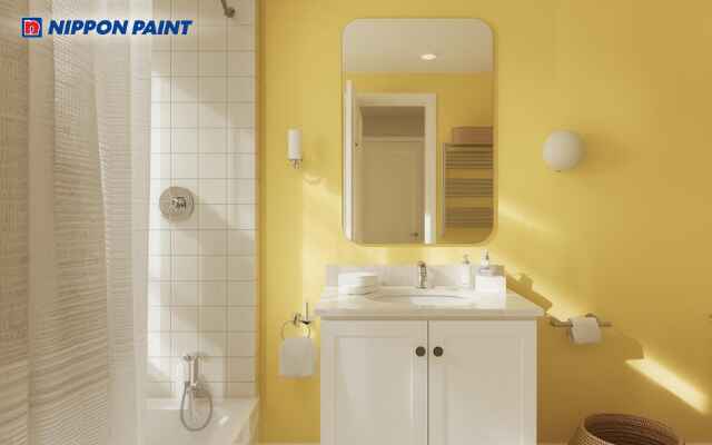 Vàng cát nhạt giúp phòng tắm luôn sáng sủa và tạo cảm giác sạch sẽ, dễ chịu