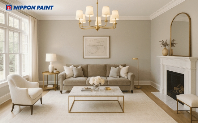 Trắng sứ phối vàng kim satin, không gian sang trọng, sáng thoáng và đón cát khí