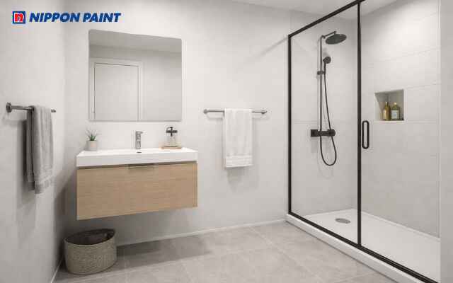 Xám sáng giúp phòng tắm gọn gàng hiện đại, cân bằng năng lượng, bớt bí bách