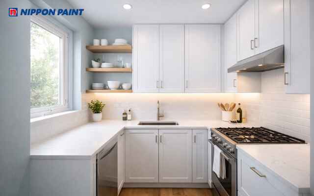 Xanh nhạt phối trắng và đá sáng đẹp sạch thoáng, hanh thông việc nhà