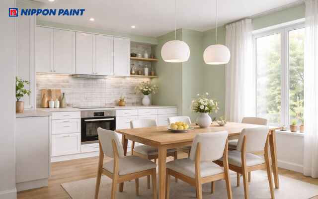 Xanh sage phối trắng và gỗ đẹp thanh mát, giúp bếp ấm êm, tụ tài khí