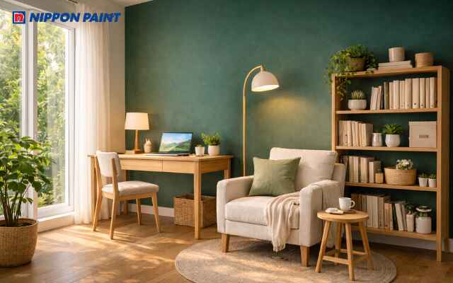 Xanh rêu phối be và gỗ đẹp ấm thư thái, giúp cân bằng, làm việc lâu không mệt