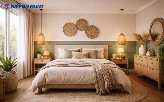 Be kem phối xanh olive và mây tre đẹp boho ấm, êm dịu, gia đạo hòa thuận