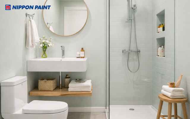 Phối màu xanh mint nhạt và gỗ cho phòng tắm mát nhẹ tinh tế giảm stress, dễ chịu
