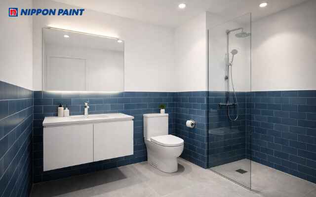 Màu xanh navy tạo phòng tắm hiện đại sạch sang giúp thư giãn, tụ tài khí