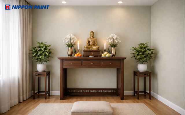 Xanh đậm phối nâu gỗ đẹp trang nghiêm tĩnh tại, giúp gia chủ an tâm, giữ phúc khí lâu dài