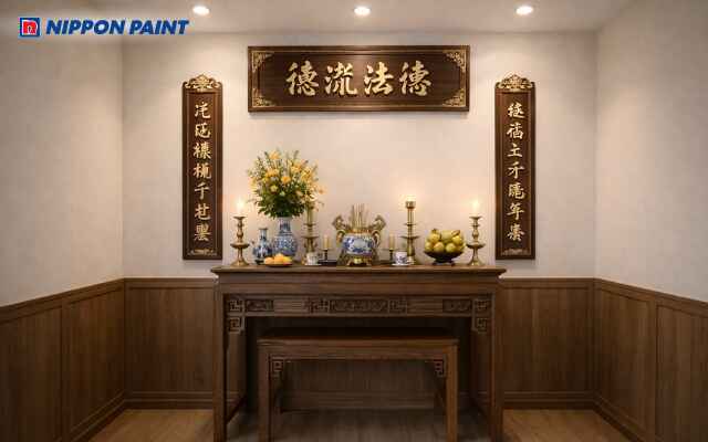 Nâu gỗ đậm phối ánh vàng đẹp cổ kính linh thiêng, tụ phúc đức, vượng đường tâm linh