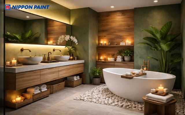Xanh olive phối gỗ cho phòng tắm kiểu spa resort ấm sang, giúp hồi năng lượng, vượng khí