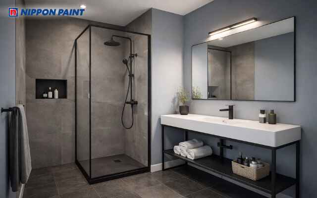 Xanh xám phối đen tạo phòng tắm cool tối giản cân bằng cảm xúc, đầu óc nhẹ