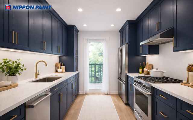 Xanh navy phối trắng giúp không gian bếp sang trọng