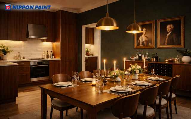 Xanh đậm phối gỗ nâu giúp gia chủ sum vầy bền chặt, phát tài