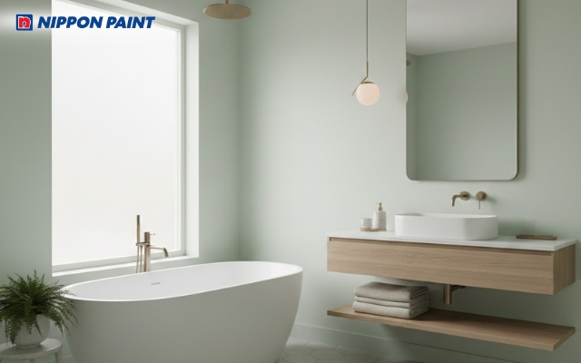 Phòng tắm màu xanh lá nhạt mang đến cảm giác gọn gàng, sạch sẽ