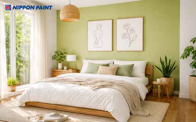 Xanh lá nhạt phối trắng và gỗ đẹp tươi mát, giúp ngủ sâu, tinh thần an yên