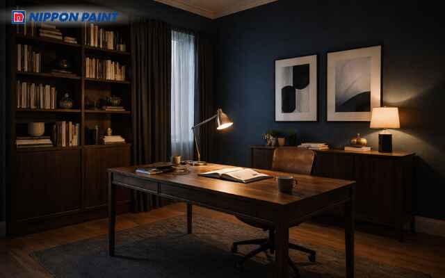 Xanh đen phối nâu gỗ đẹp quyền lực, giúp tập trung cao