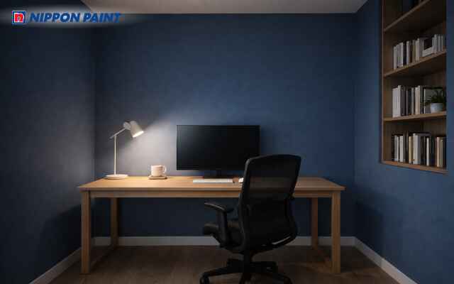 Xanh navy phối gỗ sáng đẹp sang trầm, giúp tập trung sâu, làm việc hiệu quả