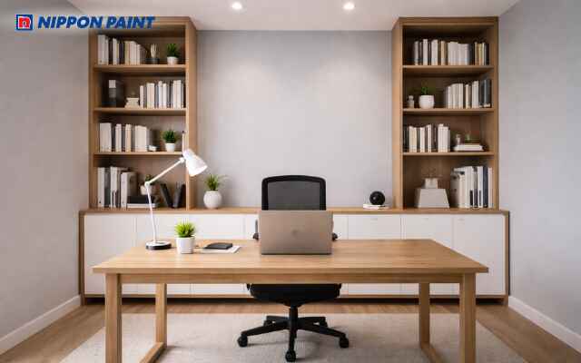 Trắng kem phối gỗ và xám nhạt đẹp tối giản, giúp gọn tâm trí