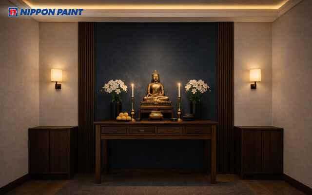 Xanh trầm phối nâu gỗ và ánh ấm đẹp tĩnh sâu và nuôi dưỡng phúc khí