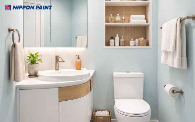 Xanh pastel phối trắng và gỗ nhạt cho phòng tắm dịu mắt và thư giãn