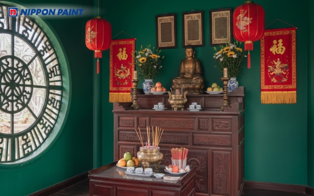 Tông xanh lá đậm mang lại không gian thờ tự trang nghiêm, ấm áp