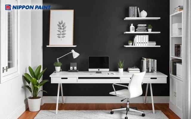 Đen nhám làm mảng tường nhấn tạo vẻ đẹp quyền lực và sự tập trung tuyệt đối