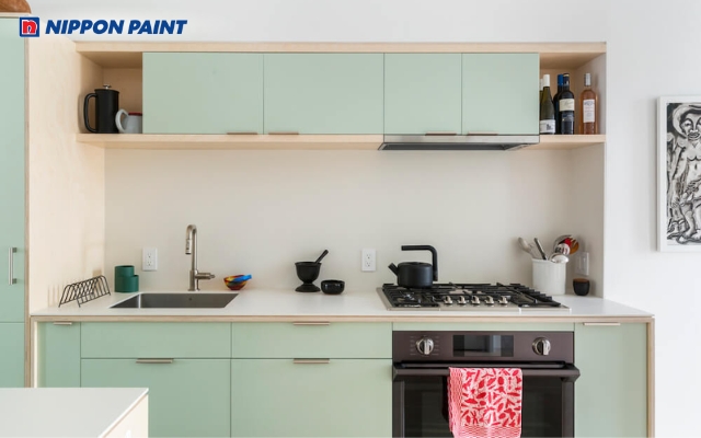 Gian bếp xanh nhạt tạo nguồn năng lượng tích cực cho sinh hoạt hằng ngày