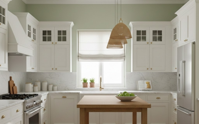 Xanh rêu nhạt cho gian bếp cảm giác ấm áp, hài hòa và dễ chịu