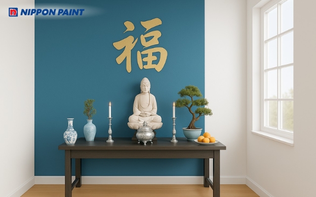 Mảng tường màu xanh làm chủ đạo sẽ giúp không gian thờ trở nên trang nghiêm