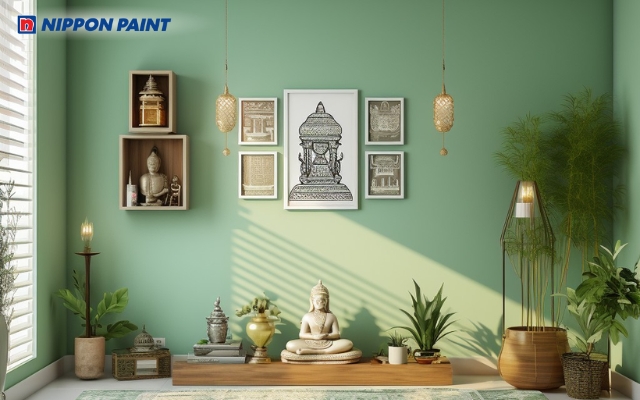 Tông xanh lá nhạt làm nổi bật các chi tiết bằng đồng giúp tăng sự trang trọng