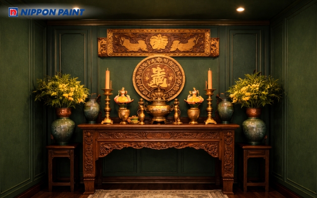 Gam xanh rêu đậm cùng ánh đèn vàng tạo sự kết nối tâm linh bình an và vượng khí