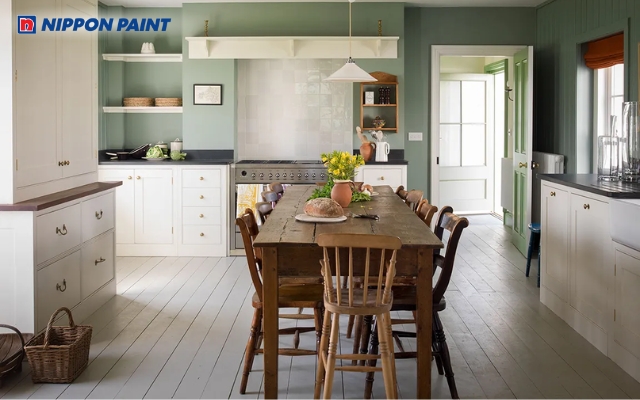 Tông xanh lá mạ phối giúp bếp luôn sáng bừng và ngập tràn sức sống