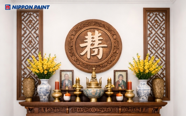 Trắng sứ làm màu chủ đạo giúp không gian phòng thờ trang nghiêm, thanh tịnh