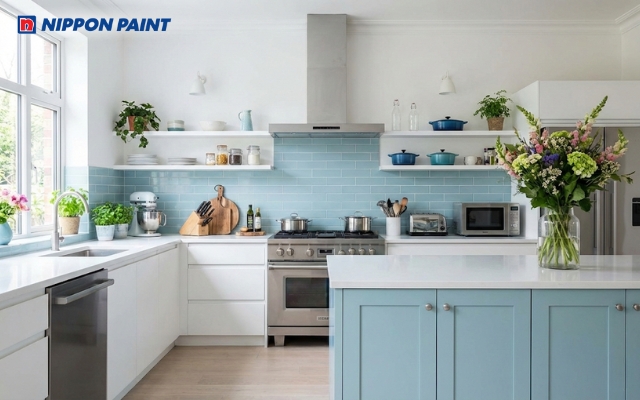 Mẫu phòng bếp trắng - xanh dương nhạt tươi mới