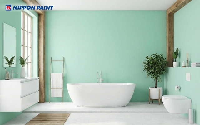 Phòng vệ sinh xanh bạc hà - trắng tạo cảm giác tươi mát