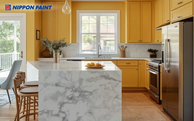 Chọn sơn màu vàng kết hợp cùng sơn giả đá giúp tôn lên vẻ đẹp sang trọng của phòng bếp