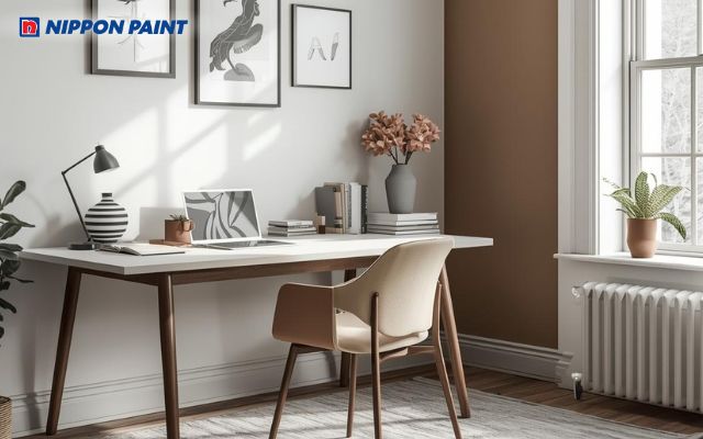 Sử dụng sơn màu nâu đất kết hợp cùng xám nhạt sẽ tạo cảm giác sâu lắng cho phòng làm việc