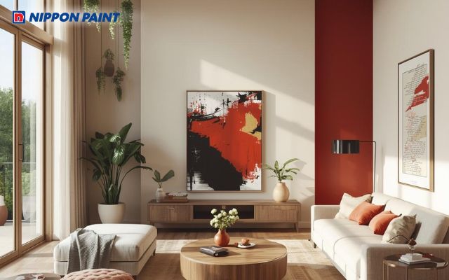 Sử dụng màu đỏ nâu để làm điểm nhấn, kết hợp với màu trắng be giúp phòng khách nổi bật hơn