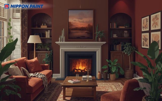 Phòng khách sơn màu đỏ nâu, kết hợp cùng nâu đậm tạo nên vẻ đẹp cổ điển, có chiều sâu