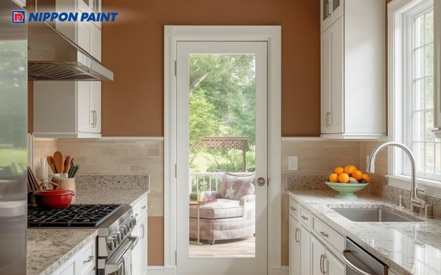 Bếp phối màu trắng kem và nâu đất cho cảm giác ấm cúng, thu hút vượng khí