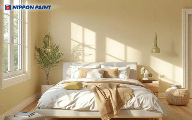 Sử dụng màu be vàng kết hợp với trắng kem trong phòng ngủ giúp tạo cảm giác ấm áp, vững chãi