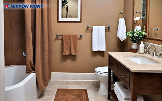 Sử dụng sơn màu nâu đất mang lại cảm giác sâu lắng, thư giãn cho gia chủ khi dùng nhà vệ sinh