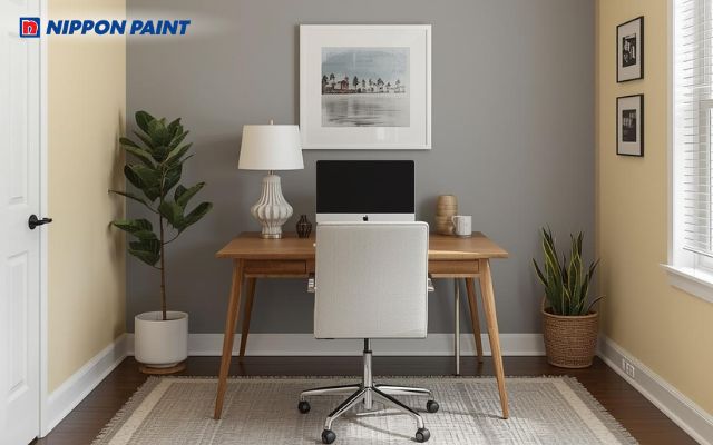 Phối màu vàng kem và xám nhạt giúp tôn lên vẻ đẹp hiện đại, tối giản của phòng làm việc