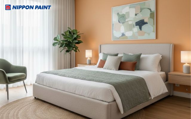 Sử dụng sơn màu cam nhạt trên một mảng tường giúp tạo điểm nhấn tinh tế cho phòng ngủ