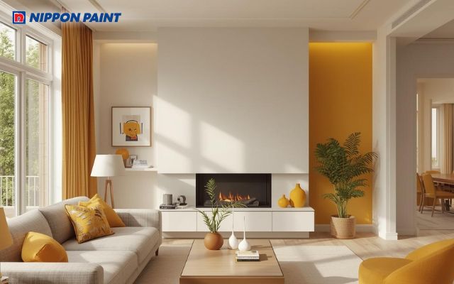 Muốn phòng khách trở nên ấm áp hơn, bạn hãy thử phối sơn màu vàng với trắng kem