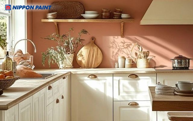 Sử dụng sơn màu nâu gạch mang đến vẻ đẹp hiện đại, ấm áp cho căn bếp