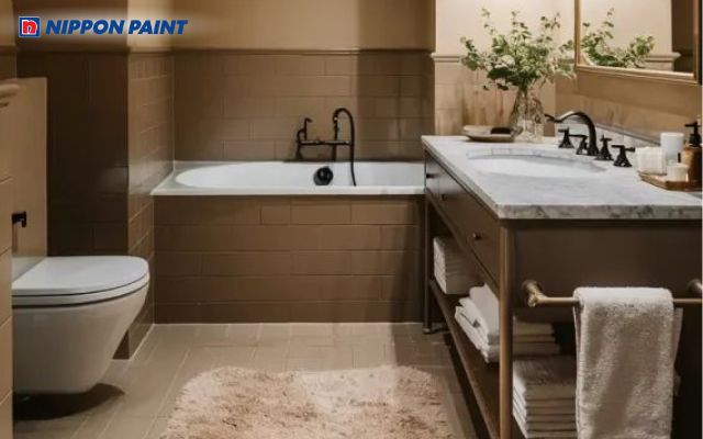 Phòng vệ sinh sử dụng sơn màu nâu sáng sẽ tạo cảm giác sạch sẽ và trầm lắng