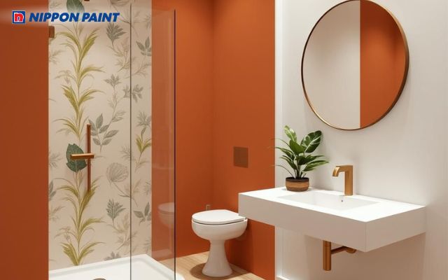 Sử dụng cam đậm trên các mảng tường giúp tạo điểm nhấn cuốn hút cho phòng vệ sinh