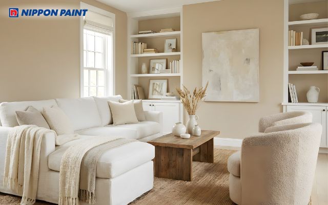 Sử dụng nâu be làm nền và trắng để tạo điểm nhấn mang lại vẻ đẹp sang trọng cho phòng khách